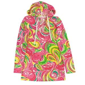LILLY PULITZER Cover Up Megan Hooded Tunic Terrycloth Swim  Pink Flamingos XS